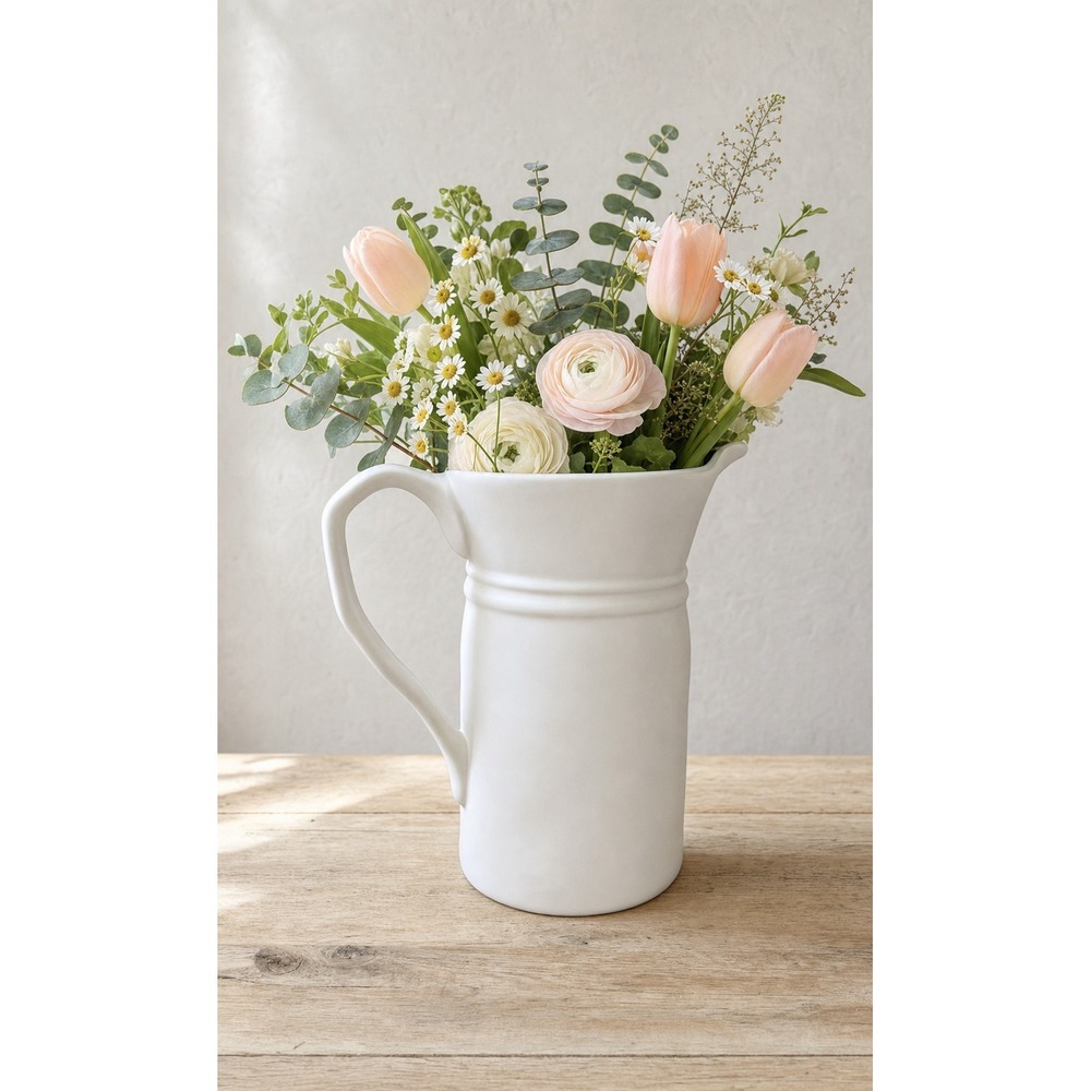 Bee & Willow Matte White Large Ceramic Pitcher Vase Farmhouse Cottage Country